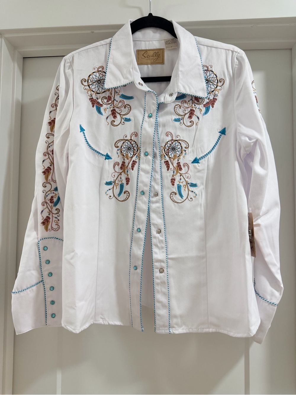 Scully White Western Button-Down Shirt with Turquoise and Brown Embroidery